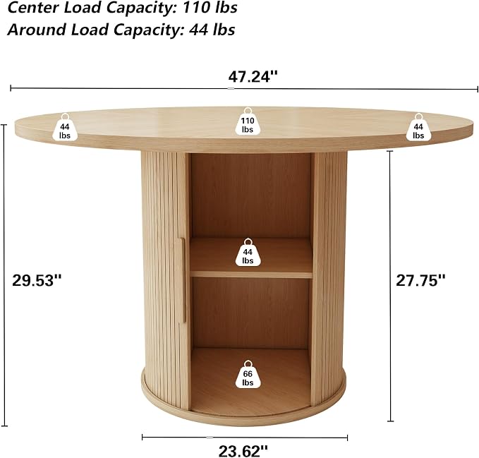 weselon 47 inch Round Dining Table for 4, Kitchen Table Dinner Table with 2-Layer Storage Shelf and Wood Slide Door for Home Dining Room Living Room (Natural)