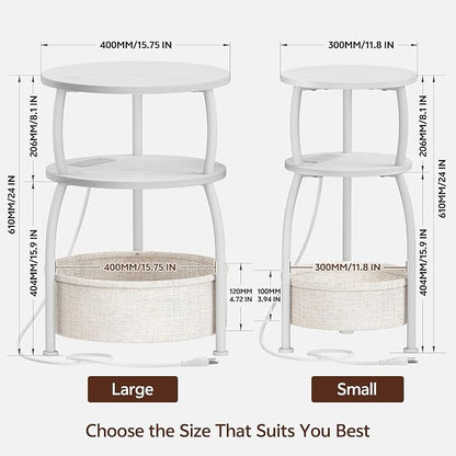 Round Side Table with Charging Station, USB Type C Port, White | Small Table with Storage Basket,Tall Side Table for Sofa,Small Spaces, Nightstand for Living Room Bedroom, 15.75in