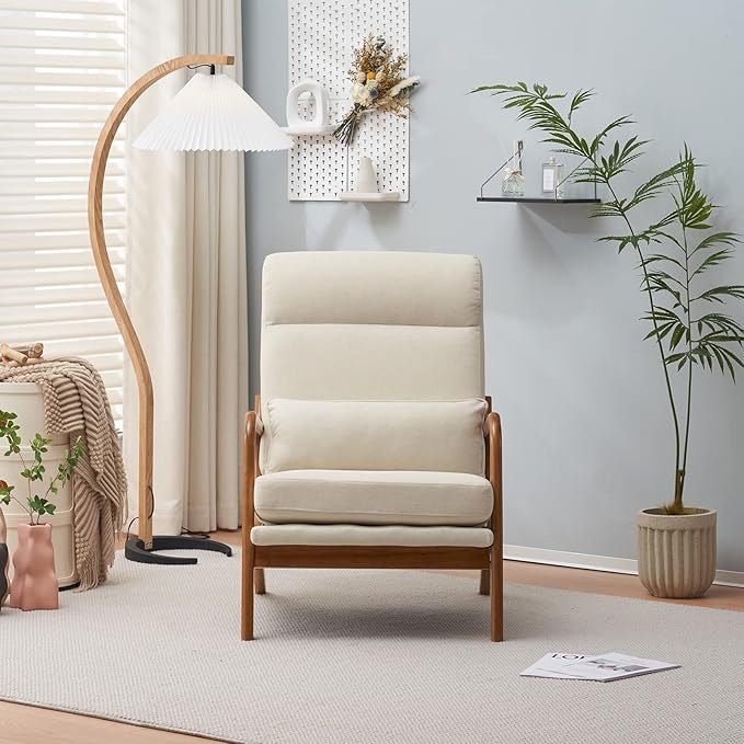 Karl home Accent Chair High Back Mid-Century Modern, Beige | Line Fabric Upholstered, Walnut Color Solid Rubber Wood Frame, Soft Cushion with Pillow, For Living Room, Bedroom, Balcony