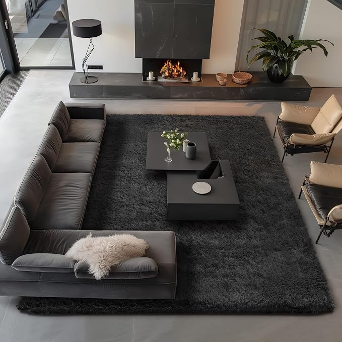 Ophanie Area Rugs 9x12 Living Room, Large Black Bedroom Carpet, Big Shag Indoor Thick Soft Nursery Rug, Fluffy Carpets for Boy and Girls Room Dorm Home Decor Aesthetic with Over 99 pcs Pile fibers