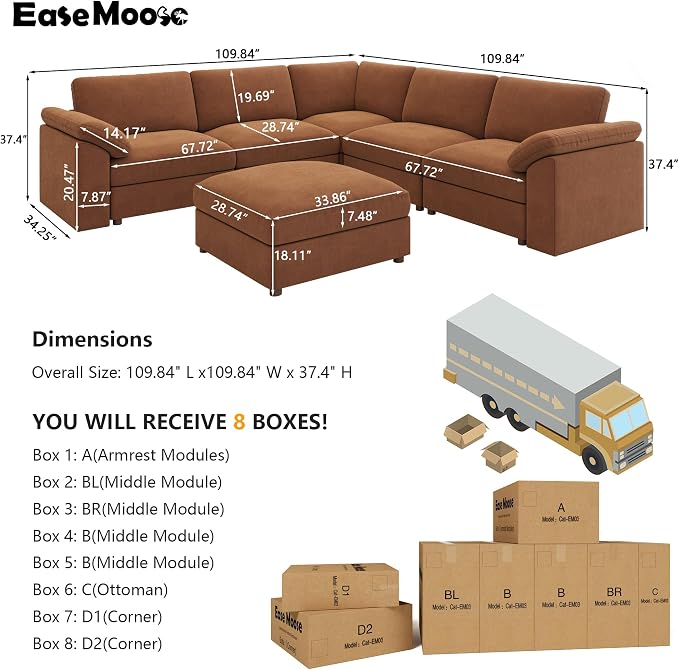 EASE MOOSE Sectional Modular Sofa,Luxury Comfty Deep Seat Couch for Living Room,Solid Wood Frame Sofa,Removable and Washable