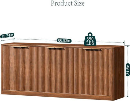Evermagin 67" Fluted Walnut Buffet Cabinet Sideboard with Storage, Large Credenza with 6 Doors, Wood Mid Century Modern Sideboard for Kitchen and Living Room (67" W*31.5" H*15.7" D)