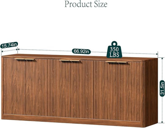 Evermagin 67" Fluted Walnut Buffet Cabinet Sideboard with Storage, Large Credenza with 6 Doors, Wood Mid Century Modern Sideboard for Kitchen and Living Room (67" W*31.5" H*15.7" D)
