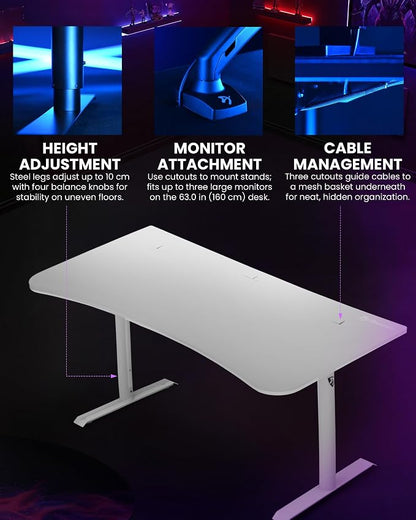 Arozzi Arena Large Gamer Desk - 63x32” Adjustable Height PC Gaming Desk with Storage for Cables & Triple-Monitor Support - Full-Surface Washable Mousepad - Pure White
