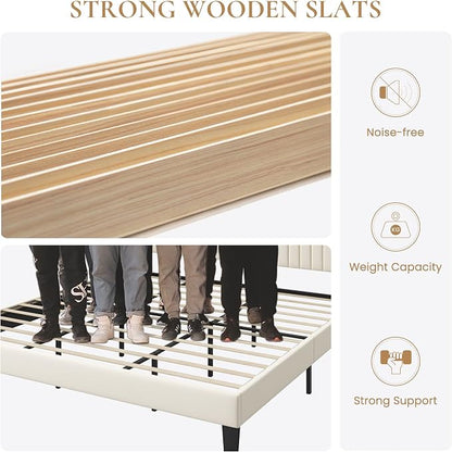 SHA CERLIN King Size Velvet Bed Frame with USB Charging Station, Wingback Storage Headboard, Upholstered Platform Bed with Wooden Slats Support, No Box Spring Needed, Easy Assembly, Cream White