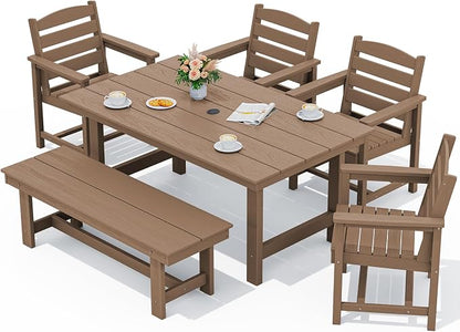SERWALL Outdoor Dining Set for 6, HDPE Furniture with Umbrella Hole & Bench & Chairs, All Weather, Brown
