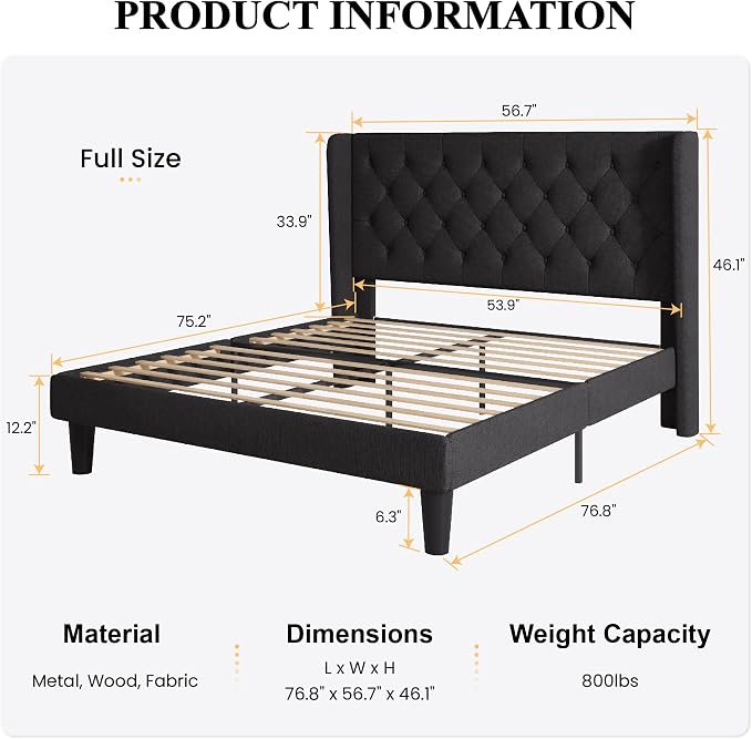 SHA CERLIN Full Size Platform Bed Frame with Upholstered Headboard and Wingback, Button Tufted Design, Easy Assembly, No Box Spring Needed, Black