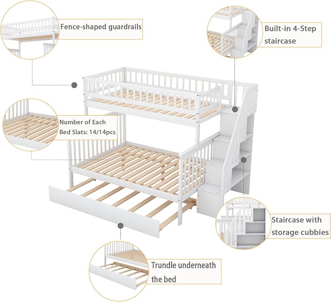 MERITLINE Twin Over Full Bunk Bed with Trundle, Storage Staircase,Solid Wood Bunk Bed with Storage Stairs Box and Guardrail, No Spring Box Needed (White)