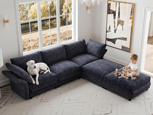 DreamDashio Oversized Sectional Sofa with Storage, Adjustable Arms & High Back, Modular Cloud Couches for Living Room, V Shaped 5 Seater, 5 Backrests & 5 Pillows, Dark Grey Chenille