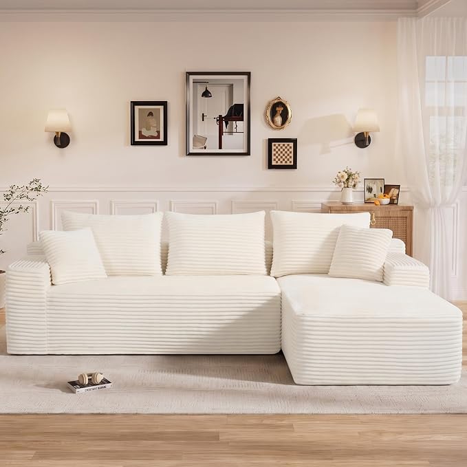 108" L Shaped Cloud Boneless Sectional Couches for Living Room, Modern Comfy Modular Deep Seat Memory Foam Compressed Corduroy Sofa Oversized Right Facing Chaise, No Assembly Required, White