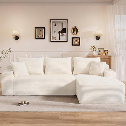 108" L Shaped Cloud Boneless Sectional Couches for Living Room, Modern Comfy Modular Deep Seat Memory Foam Compressed Corduroy Sofa Oversized Right Facing Chaise, No Assembly Required, White