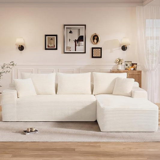 108" L Shaped Cloud Boneless Sectional Couches for Living Room, Modern Comfy Modular Deep Seat Memory Foam Compressed Corduroy Sofa Oversized Right Facing Chaise, No Assembly Required, White