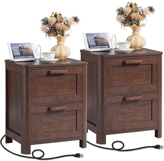 Joaxswe Farmhouse Nightstand Set of 2 with Charging Station, End Tables Bedroom with 2 Large Drawers & 4 Thickened Table Legs, Walnut