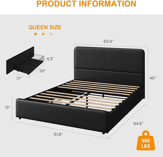 GarveeHome Modern Upholstered Platform Bed Frame with Headboard and Storage Drawers – PU Black Faux Leather, Sturdy Wooden Slats, Noise-Free, Easy Assembly – Queen Size, PU Black