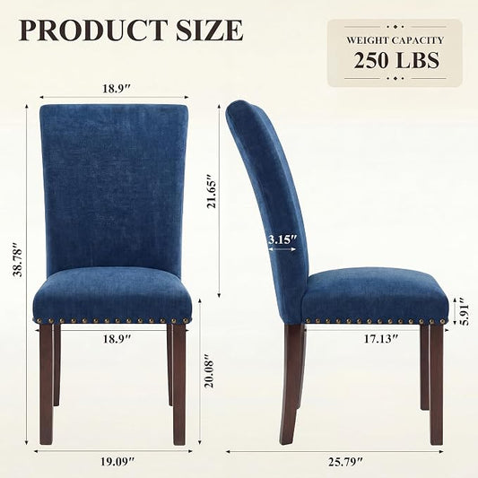 MALOL Dining Chairs Set of 2, High Back Dining Chair with Wood Legs and Nailhead Trim, Modern Padded Kitchen Room Chairs for Dining Room/Restaurant, Dark Blue
