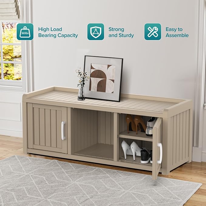 DRATO Outdoor Shoe Storage Cabinet, Waterproof Resin Shoe Storage Bench, Large Shoes Rack Cabinet with 2 Doors for Outdoor Indoor Entryway Hallway Corner Bedroom Porch (Grey, 2 Doors)