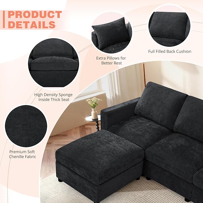84” Chenille 3-Seats Sofa W/Movable Ottoman, Black | Modern Fabric L-Shaped Couch w/Soft Backrests, Upholstered Sectional Sofa w/Arm Pillows for Living Room