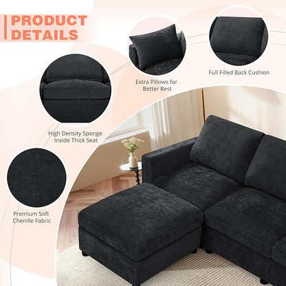 84” Chenille 3-Seats Sofa W/Movable Ottoman, Black | Modern Fabric L-Shaped Couch w/Soft Backrests, Upholstered Sectional Sofa w/Arm Pillows for Living Room