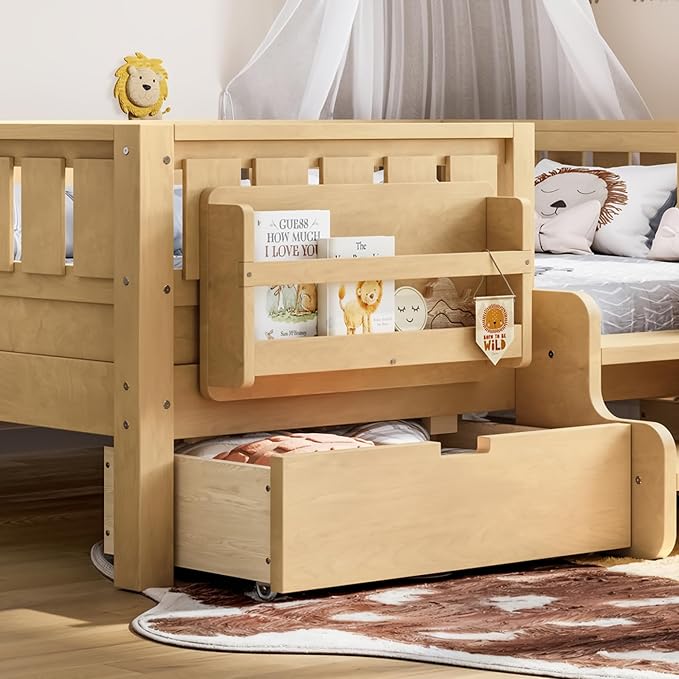 Bellemave Full Size Kids Montessori Bed with Stairs and Bookshelf,Solid Wood Full Size Kids Bed Frame with Drawers and Storage for Girls Boys,Low-Profile,Light Natural