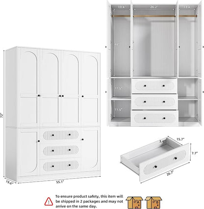 TOKSOM 4 Doors Freestanding Armoire Wardrobe Closet, 72" White Wardrobe Armoire Wooden Closet Large Capacity Storage with 3 Drawers & 3 Hanging Rod Shelves Clothes Organizer