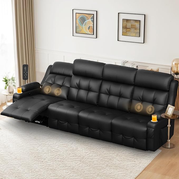 Reclining Couch, 113" PU Leather Sofa Recliner with Massage - 4 Seat Home Theater Seating Comfy Soft, Manual Wall Hugger Reclining with Lumbar Support Sofa Set for Family Living Room, Black