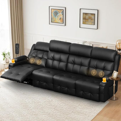 Reclining Couch, 113" PU Leather Sofa Recliner with Massage - 4 Seat Home Theater Seating Comfy Soft, Manual Wall Hugger Reclining with Lumbar Support Sofa Set for Family Living Room, Black