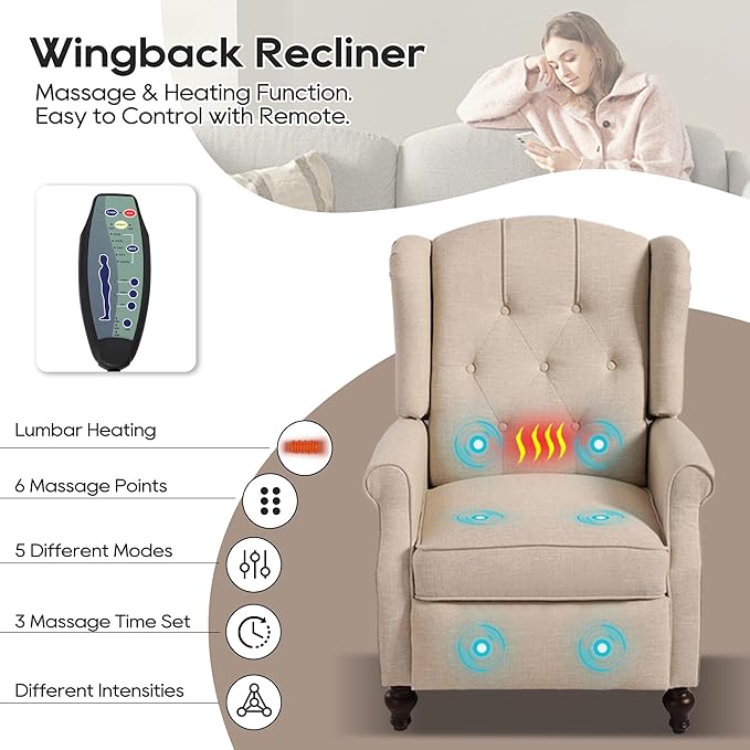 Wingback Chair with Massage and Heat, Tufted Fabric Pushback Recliner Chair, Wingback Recliner Chair with Remote Control, Padded Cushion, Wooden Legs, Small Recliners for Small Spaces