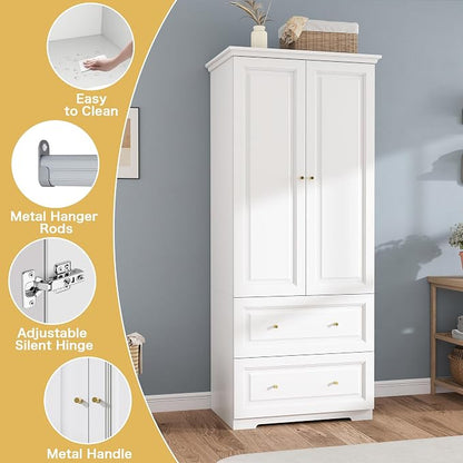 White Wardrobe with 2 Drawers: 74" Wooden Wardrobe Closet for Hanging Clothes, Tall Armoire Closet with 2 Doors, Bedroom Armoires with Hanging Rod (32")