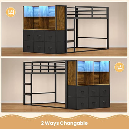 BTHFST Twin Over Twin Bunk Bed, Twin Bunk Beds with Storage & LED Lights, Metal Space Saving Low Bunk Bed with Safety Ladder and Guardrail