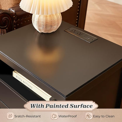 Huuger Nightstand with Charging Station, Black Nightstand with 2 Drawers, Bed Side Table for Bedroom, Bedside Table with Storage, Modern Nightstands, Metal Knobs, Painted Surface