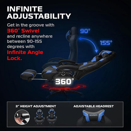 RESPAWN 110 Pro Ergonomic Gaming Chair with Footrest for Adults - Comfortable Office Gaming Recliner with Lumbar Support and Headrest, Racing Style Video Game Chairs for Computer Gamer - Blue