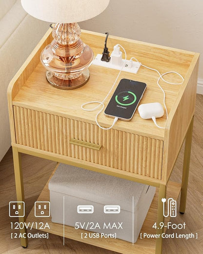 Nightstand with Charging Station, 3-Tier Bed Side Table, Small End Table, Night Standwith Open Shelf and Drawer, Bedside Table for Bedroom, Living Room, Oak