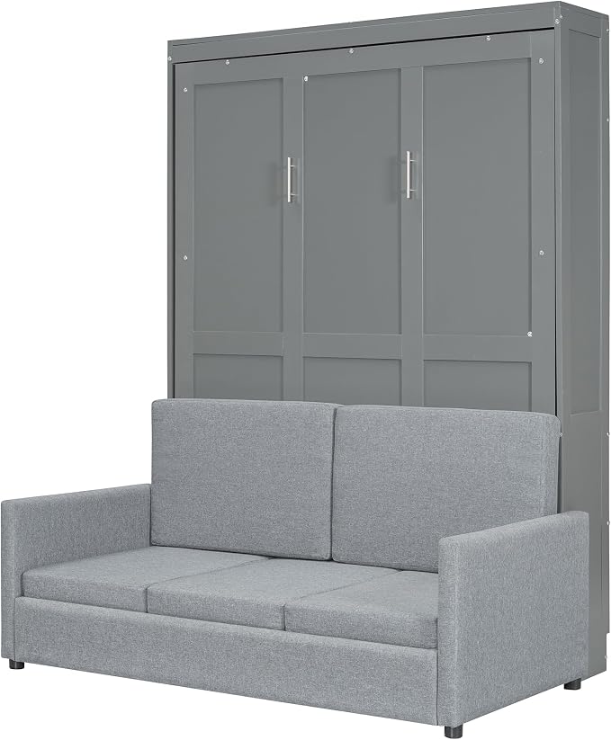 Ball & Cast Murphy Bed Full Size Wall Bed with Sofa,can be Folded,Multifunctional Wood Hideaway Cabinet Bed Frame,Slat Support,Save Space,for Apartment,Guest Room,Gray