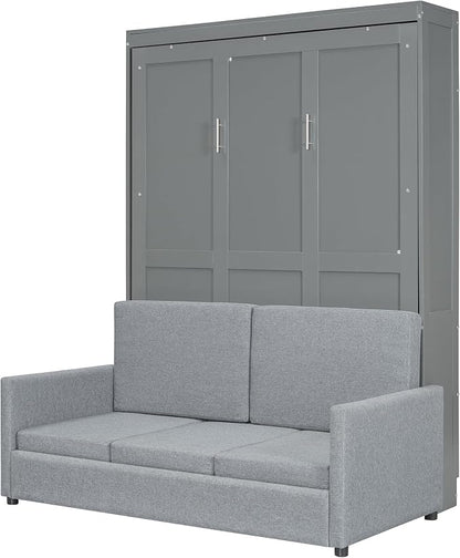 Ball & Cast Murphy Bed Full Size Wall Bed with Sofa,can be Folded,Multifunctional Wood Hideaway Cabinet Bed Frame,Slat Support,Save Space,for Apartment,Guest Room,Gray
