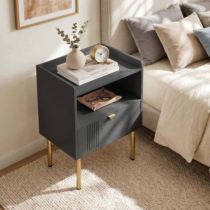 Black Mid-Century Modern Nightstand, End Table with Drawer & Open Shelf | Sturdy metal legs, space-saving for small rooms, quick assembly, raised anti-slip edge, fits bedroom dorm living room