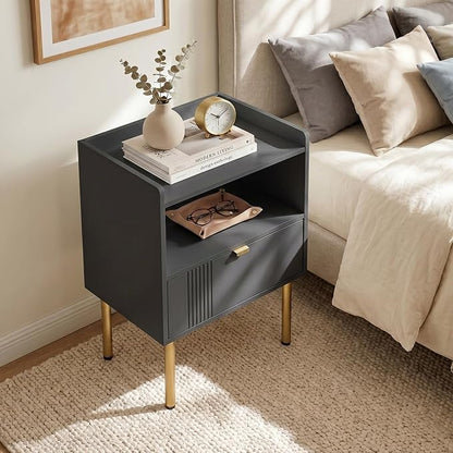Black Mid-Century Modern Nightstand, End Table with Drawer & Open Shelf | Sturdy metal legs, space-saving for small rooms, quick assembly, raised anti-slip edge, fits bedroom dorm living room