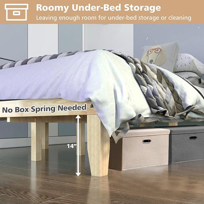 COSTWAY Full Size Wood Platform Bed Frame, 14 Inches Solid Rubber Wood Bed Mattress Foundation with Sturdy Slats Support, Easy Assembly Bed Frame for Home Hotel, No Box Spring Needed (Natural, Full)