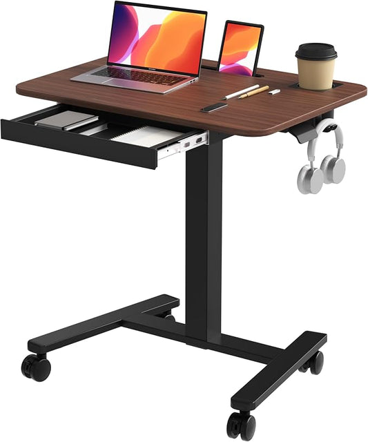 Monomi Mobile Standing Desk with Drawer, 28" Rolling Desk with Cup Holder and Hooks, Portable Laptop Cart on Wheels, Height Adjustable Workstation with Storage for Home Office, Walnut