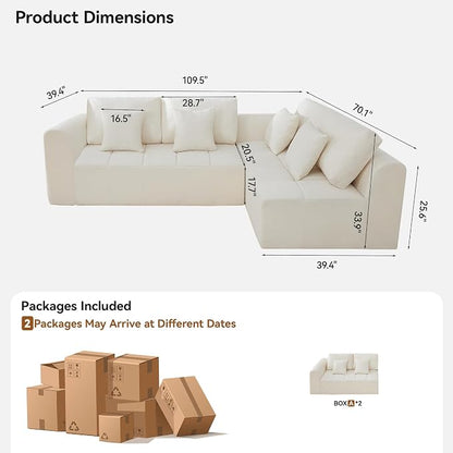 110''Modular Sectional Couches for Living Room, Cloud Boneless Compressed Sofa Right Facing Chaise, Oversized L Shaped 4 Seater Memory Foam Sofa, No Assembly, Chenille Beige