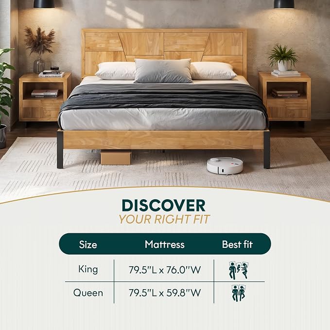 Bme Trapeze King Bed Frame – Modern Solid Wood Bed with Smooth Pattern Headboard, Black Metal Legs, Light Natural Finish – Durable King Size Platform Bed for Contemporary Bedrooms
