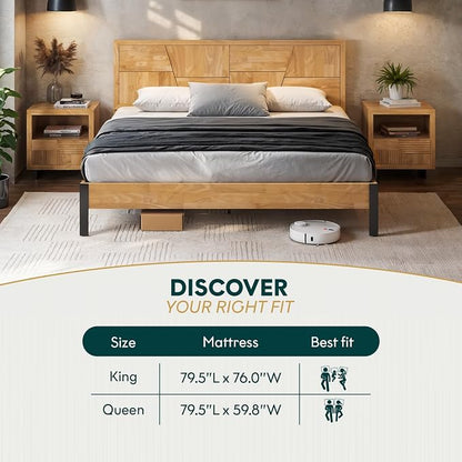 Bme Trapeze King Bed Frame – Modern Solid Wood Bed with Smooth Pattern Headboard, Black Metal Legs, Light Natural Finish – Durable King Size Platform Bed for Contemporary Bedrooms
