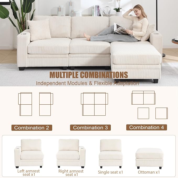 97" Modular Sectional Sofa with Storage, Corduroy 4-Seater L-Shaped Sofa with Ottoman Chaise, Cloud Sectional Couches for Living Room, Apartment