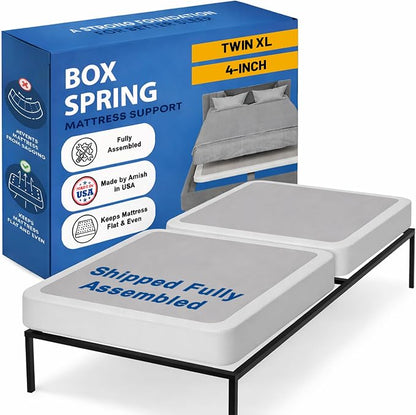 Greaton, Box Spring Bed Base Twin XL Size, 4-Inch Wood Mattress Foundation – Amish Made in USA – Quiet Noise Free, 2-Pieces Under Mattress-Support BoxSpring, Fully Assembled, White