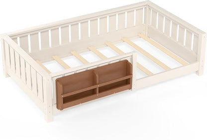 Bellemave Twin Size Montessori Floor Bed with Rails and Slats, Twin Size Floor Bed with Bookshelf and Fence, Low Profile Montessori Beds Frame for Girls, Boys, Beige