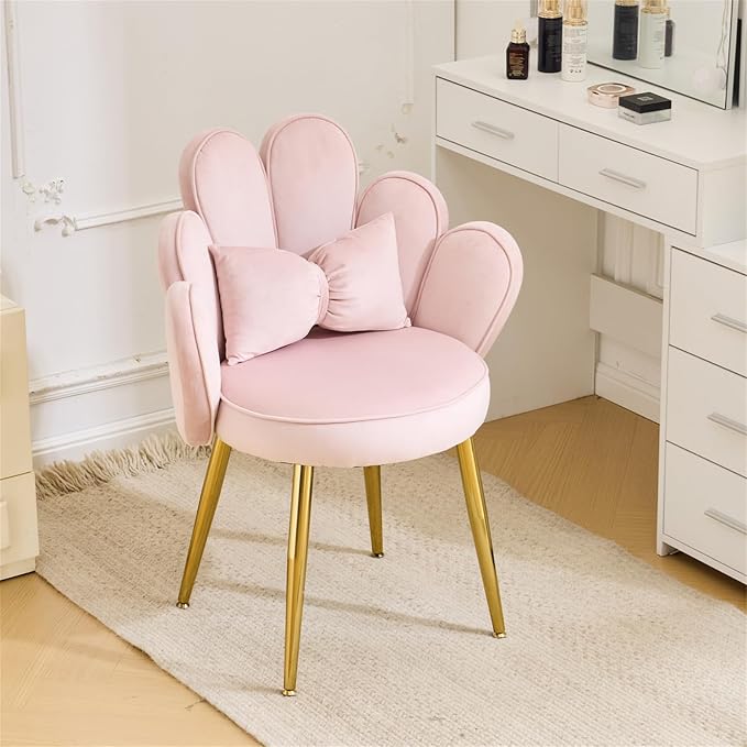 VINGLI Petal Makeup Vanity Chair with Back,Flower Cute Girls Desk Chair Comfy No Wheels,Modern Dining Chair,Small Accent Chair with Adustable Gold Legs&Bow Pillow for Home Office,Bedroom,Velvet,Pink