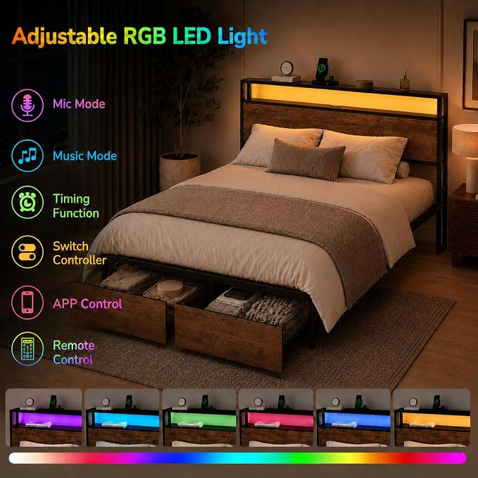 Zevemomo Queen Size Bed Frame with Storage Drawers, Bed Frame Queen Size with Headboard, LED Light, Charging Station with 3 USB Ports & 1 Type-C Port, Noiseless, Rustic Brown