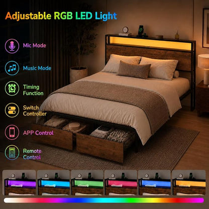 Zevemomo Queen Size Bed Frame with Storage Drawers, Bed Frame Queen Size with Headboard, LED Light, Charging Station with 3 USB Ports & 1 Type-C Port, Noiseless, Rustic Brown