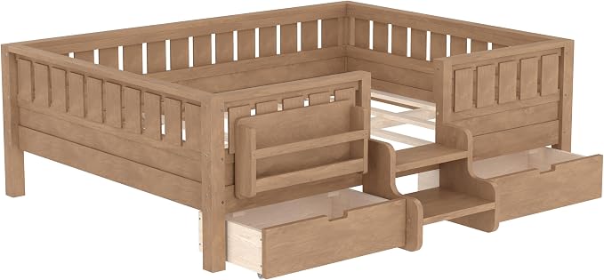 Bellemave Full Kids Montessori Bed with Stairs, Bookshelf and Drawers, Solid Wood Kids Bed Frame with Storage for Boys Girls, Low Profile,Dark Natural