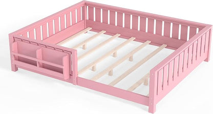 Bellemave Queen Size Floor Bed with high Rails and with Built-in Bookshelf for Kids, Girls, Boys, Wood Montessori Floor Bed Without Door, Pink