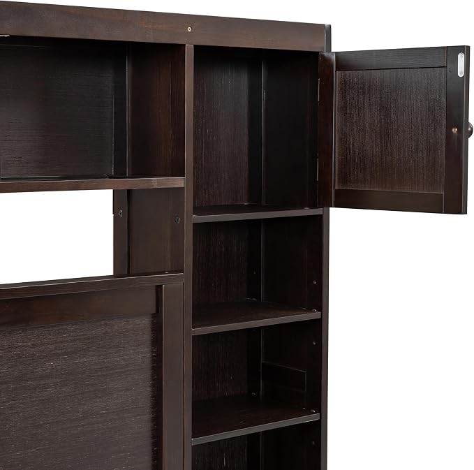 Merax Queen Size Wooden Bed with All-in-One Cabinet and Shelf, Espresso Platform Bed Frame with 2 Drawers, Trundle and Sockets